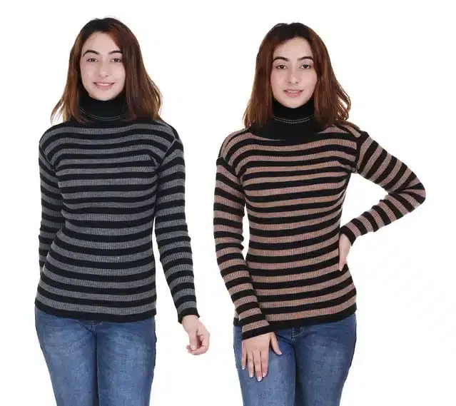 Full Sleeves Striped Sweater for Women, Pack of 2 (Grey & Brown, S)