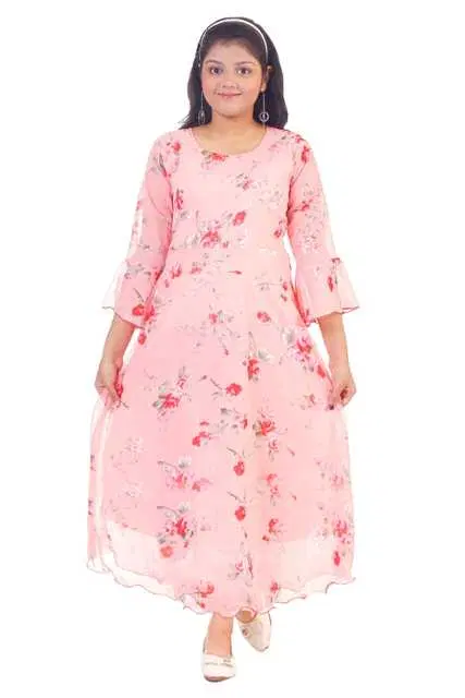 Georgette Girls Floral Printed Gown (Pink, 10-11 Year) (BBE-1)