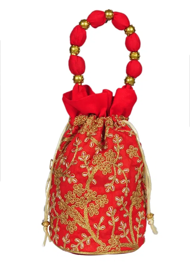 Silk Floral Ethnic Rajasthani Traditional Work Potli with Handle for Return Gifts, Red
