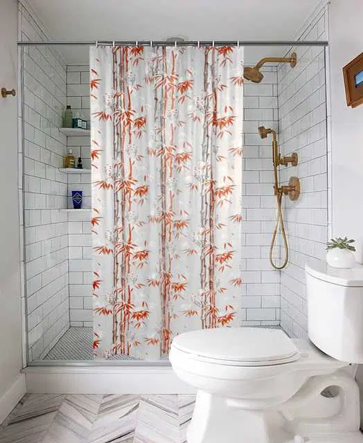 Waterproof Shower Curtain for Bathroom with 8 Hooks, White & Red, W-81