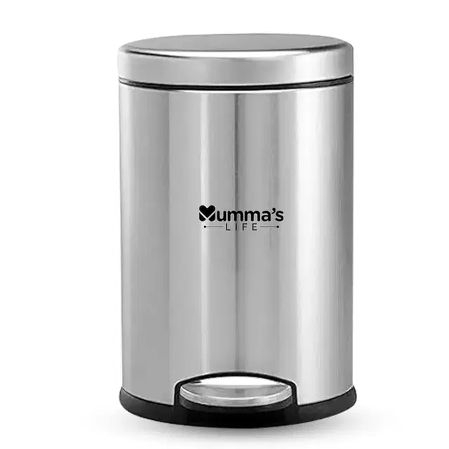 Mumma's Life 5 L Dustbin For Bathroom With Lid – Stainless Steel Silver Pedal Bin With Plastic Inner Bucket & Lid | Round Garbage Bin, Trash Can, Steel Dustbin For Home, Kitchen, Office – 7x11 Inch