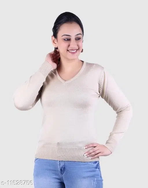 Acrylic Solid Sweater for Women (Beige, M)