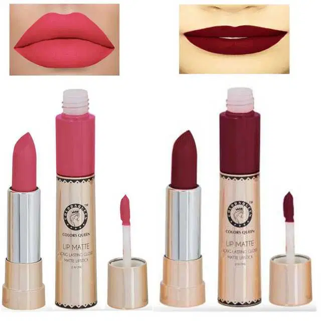 Combo of 1 Colors Queen Lip Matte Maroon 2 In 1 24 Hour Long Lasting Gloss And Matte Lipstick, 6&2 g & 1 Colors Queen Lip Matte Peach 2 In 1 24 Hour Long Lasting Gloss And Matte Lipstick, 6&2 g, R872