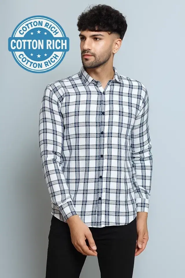 Cotton Blend Chequered Shirt for Men, White (M)