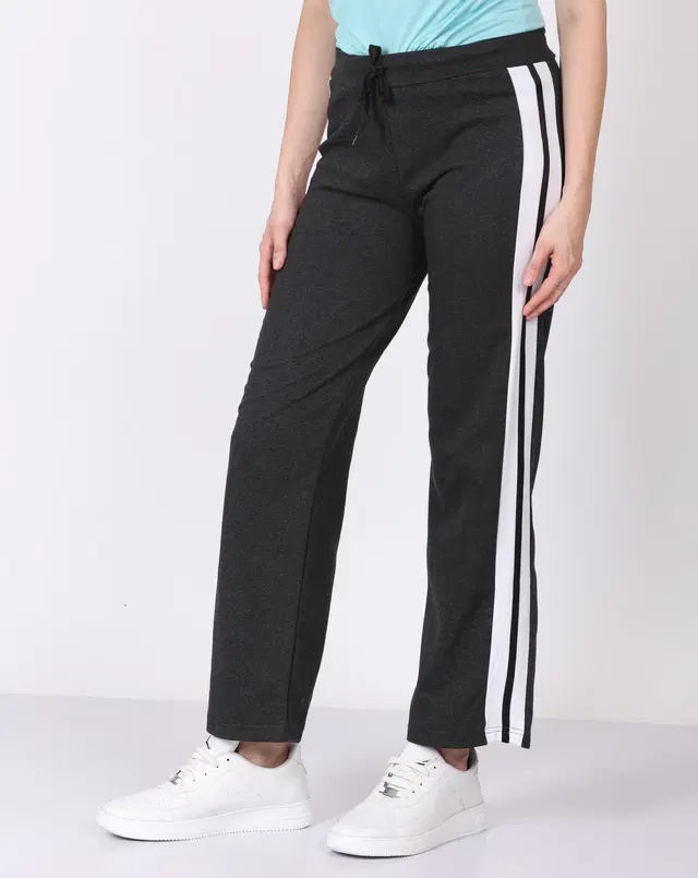 Cotton Striped Trackpant for Women (Dark Grey, M)