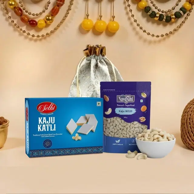 Gift Pack- Sethi Kaju Katli 200 g, Navguni Almond Nonpareil 200 g with Potli