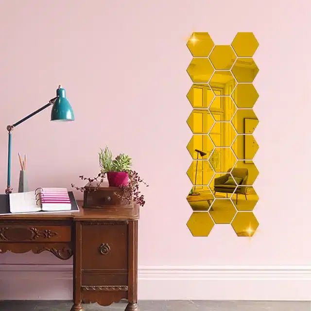 Acrylic Hexagon Shaped Wall Mirror Stickers, Gold, Pack of 23