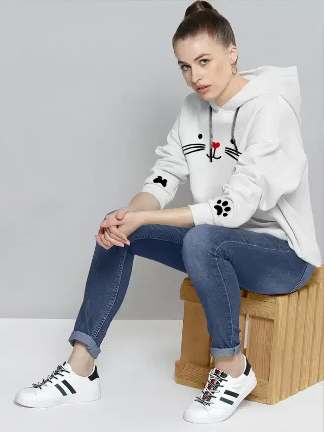 Full Sleeves Printed Hoodie for Women (White, M)