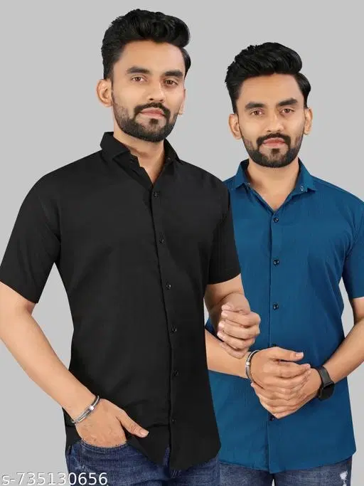 Solid Casual Shirts for Men, Pack of 2 (Black, S)