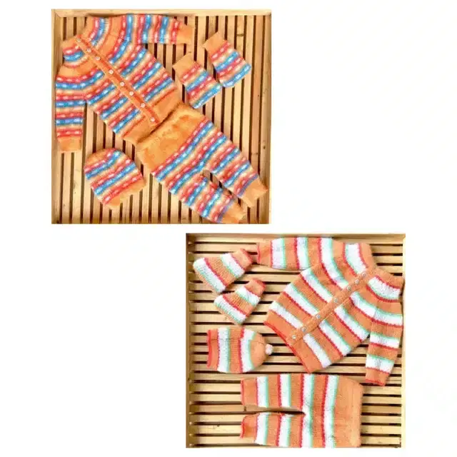 Full Sleeves Sweater with Pant, Cap & Booties, Pack of 2 (Multicolor, 0-6 Month)