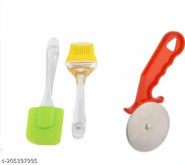 Combo of Spatula with Oil Brush & Pizza Cutter, Multicolor, Combo of 3