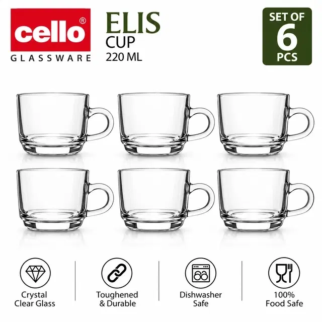 Cello Elis Glass Tea & Coffee Cup, 220ml | Set of 6 | Heat-Resistant Glass | Dishwasher Safe | For Tea, Coffee & Milk
