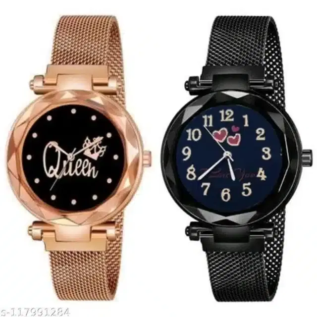 Analog Watch for Women, Set of 2 (Rose Gold & Black)