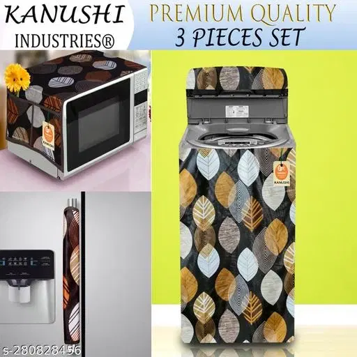 KANUSHI Industries® Microwave / Oven Top Cover With 4 Utility Pockets + 1 Pc Top Load Fully Automatic Washing Machine Cover + 1 Pc FRIDGE HANDLE COVER ( MICRO+W.M-FULLY+1-HANDLE-BROWN-LONG-LEVS)