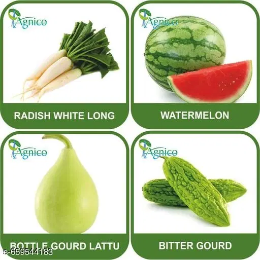 4 Vegetable Seeds Combo With Instruction Manual(Radish White Long/Watermelon/Bottle Gourd Lattu/Bitter Gourd)