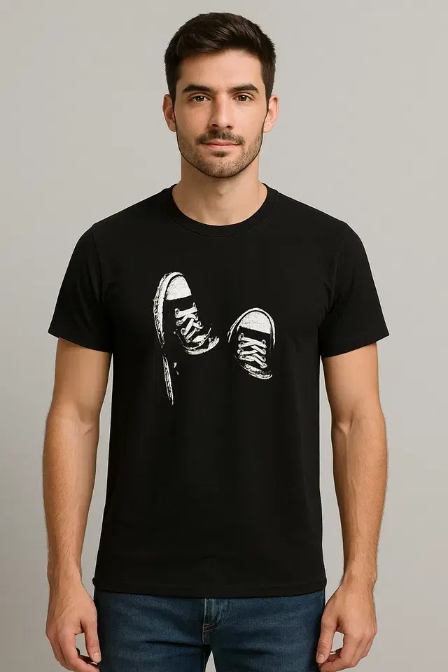 Round Neck Printed T-Shirt for Men, Black (L)