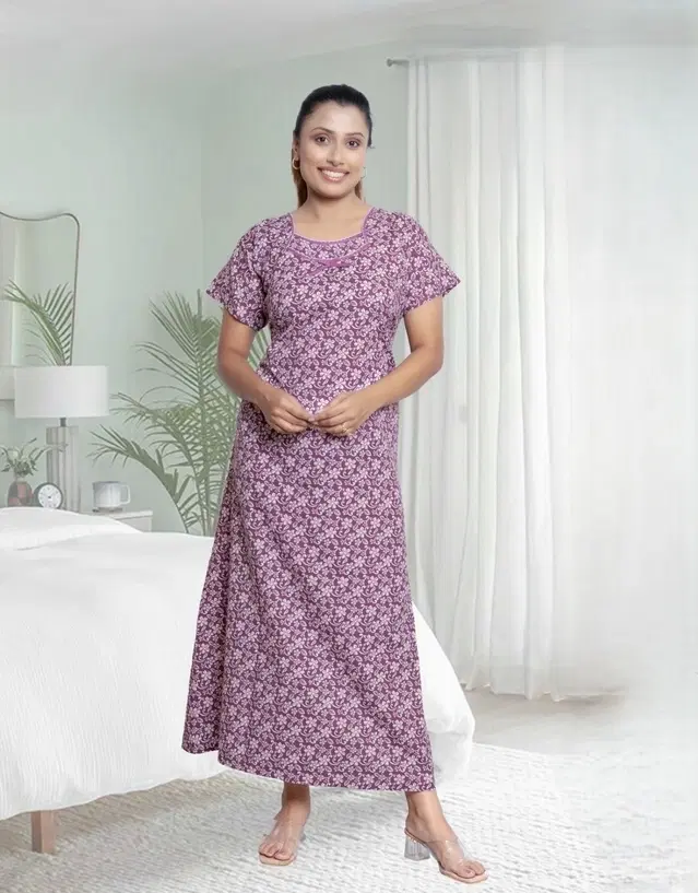 100% Cotton Floral Print Nightdress for Women, Wine (Free Size)
