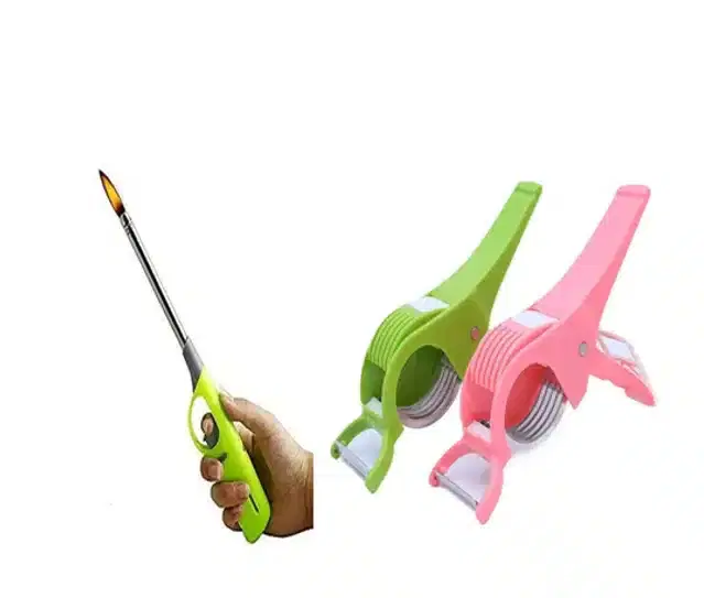 Gun Gas Lighter & 5 In 1 Vegetable Cutter, Set of 3, Multicolor