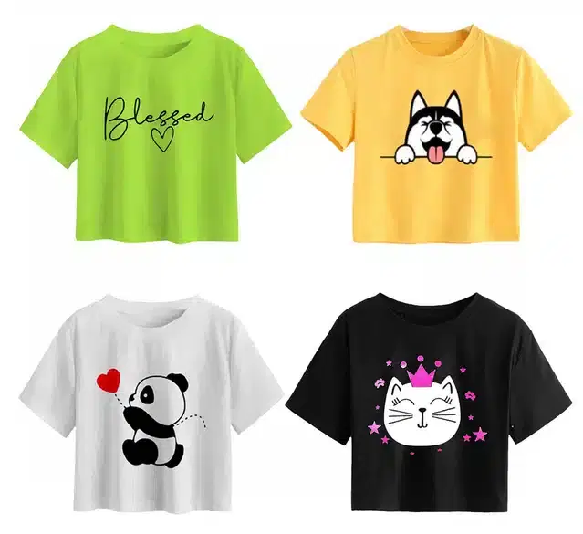 Cotton Printed Crop Tops for Girls, Pack of 4 (Multicolor, 11-12 Years)
