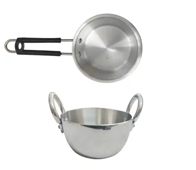 Aluminium Kadhai with Saucepan, Silver, Set of 2