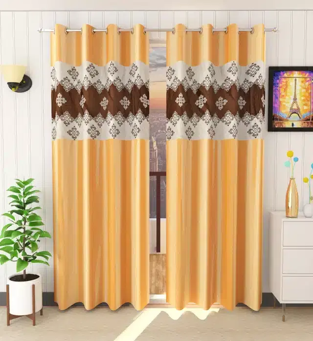 Polyester Patch Worked Window & Door Curtains, Pack of 2, Gold, 5 feet