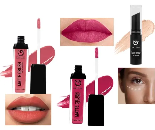 Combo of Matte Liquid Lip Colours, 2 Pcs with Stick Concealer, Multicolor, Set of 2