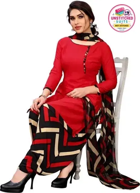 Crepe Printed Womens Unstitched Suits Red, (Size: 7.5 Mtr)