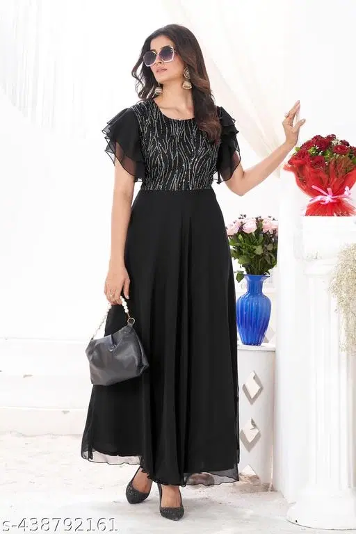 Georgette Embellished Gown for Women (Black, M)
