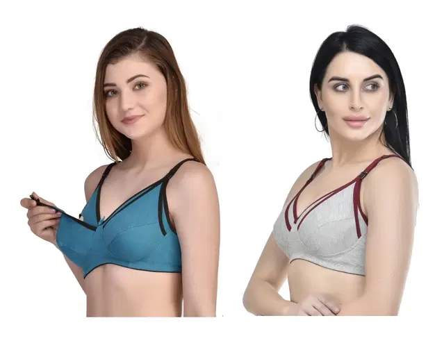 Cotton Blend Solid Non Padded Feeding Bras for Women, Pack of 2 (Multicolor, 36)