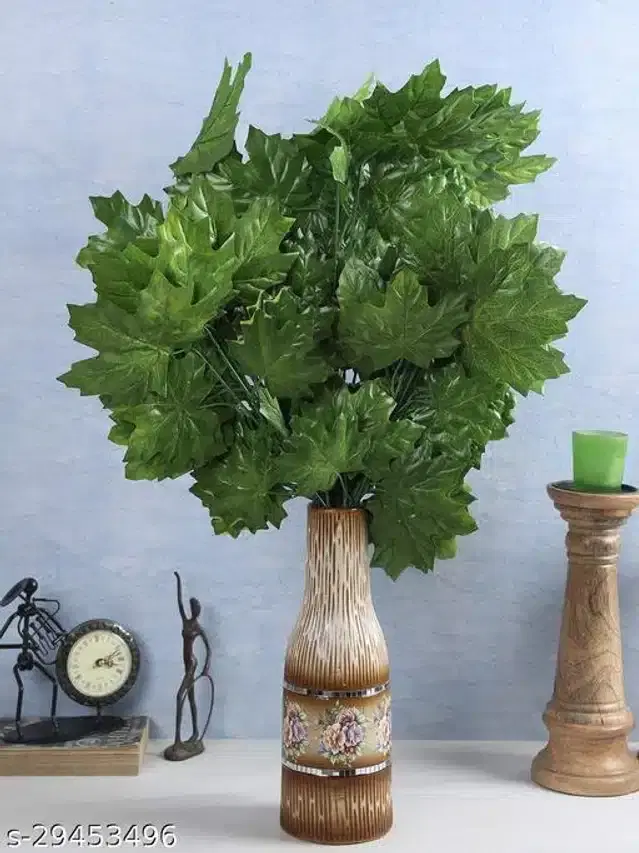 Polyester Artificial Maple Leaves Bunch, Green, Pack of 6