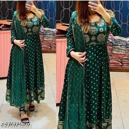 Micro Print Anarkali Dupatta Set for Women (Green, XL)