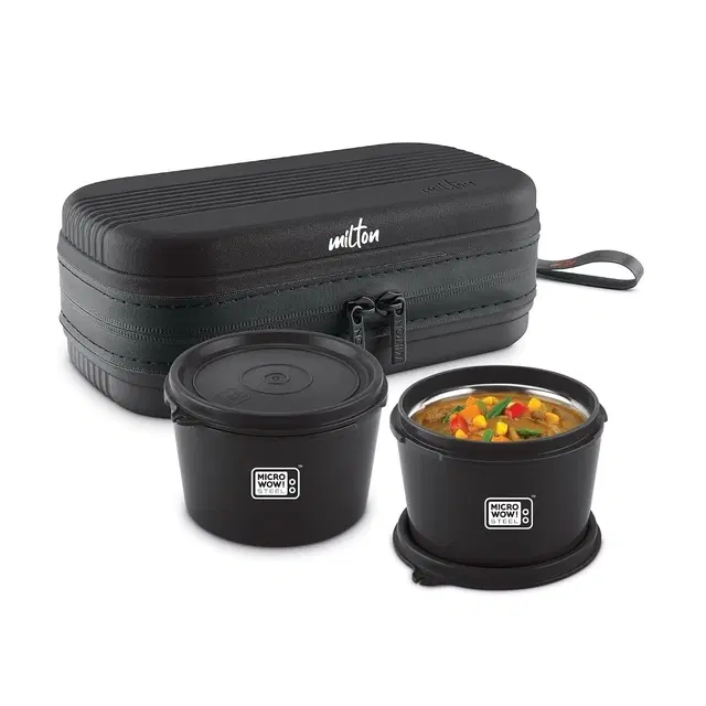 Milton Town Case Microwavable Lunch Box | Inner Steel, Double Wall, Leak-Proof Design | Compact & Durable Lunch Box For Office Use, College, School, (2 X 450 ml), Black