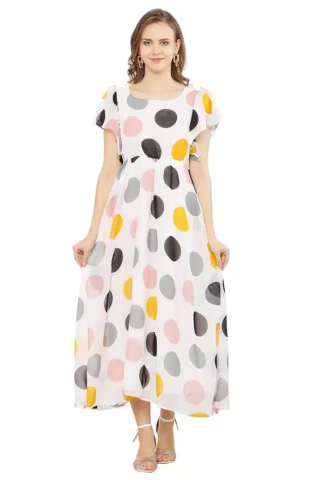 Women's Printed Anarkali Flared Gown (White, M)