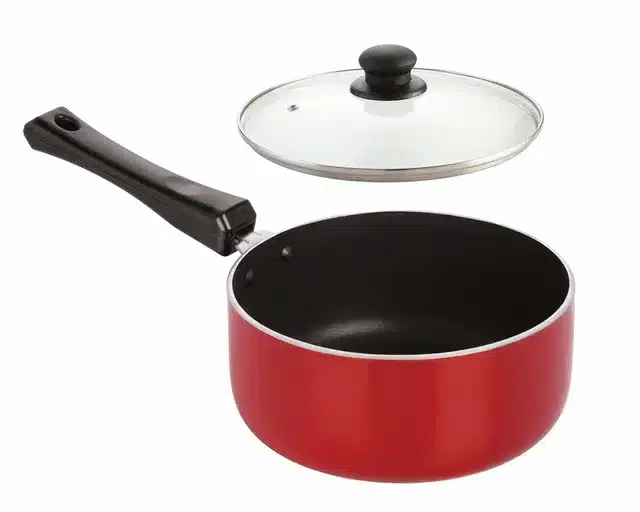 Aluminium Nonstick Coated Sauce Pan with Glass Lid, Red, 16 cm