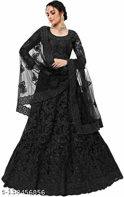 Cotton Blend Lehenga Choli for Women (Black, Free Size)