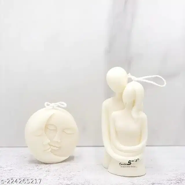 Cute Couple & Moon Face Shaped Candles, Cream, Set of 2