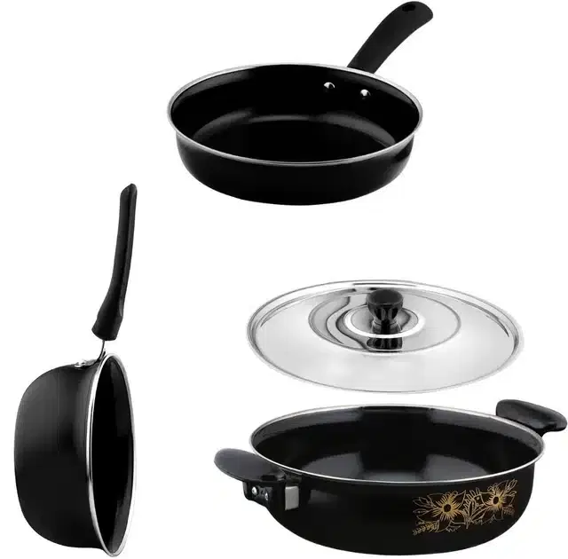 Non Stick Kadai, Stainless Steel Lid & Frying Pan with Saucepan, Black, Set of 3