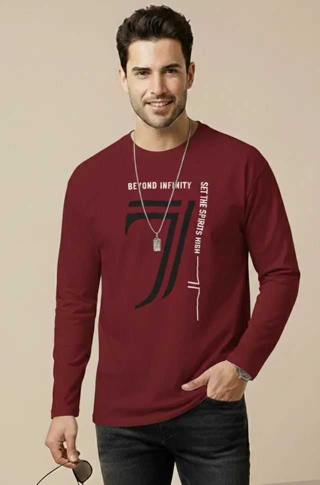 Polyester Printed T-shirt for Men, Maroon (L)