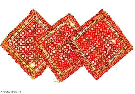 Velvet Chowki Aasan Cloth (Red, 4 x 4 Inch)