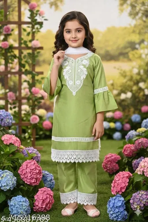 Rayon Kurta Set for Girls (Green, 11-12 Years)