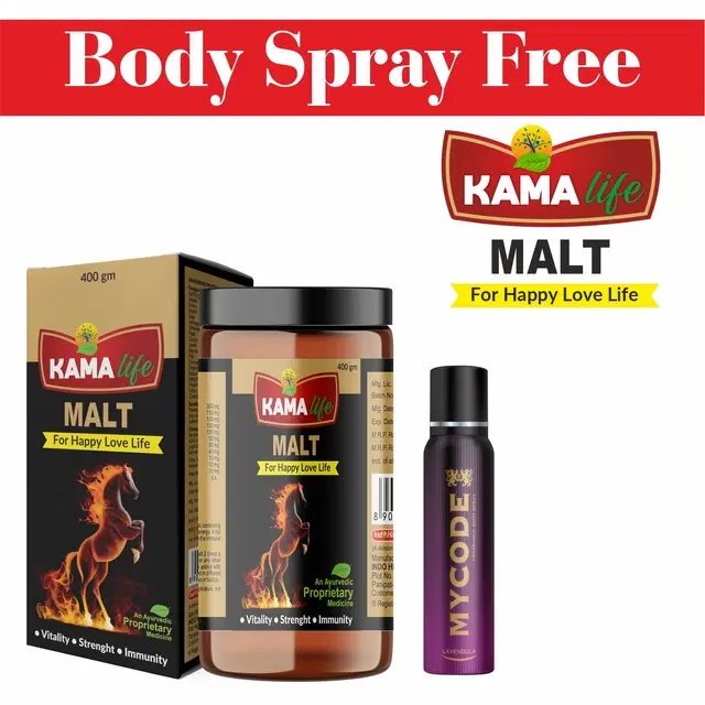 Kama Life Malt Ayurvedic Stamina Powder, 400 g with Free Mycode Lavendula Perfume Body Spray, Set of 2