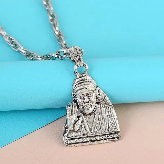 Silver Plated Sai Baba Pendant with Chain for Men & Women (Pack of 1)