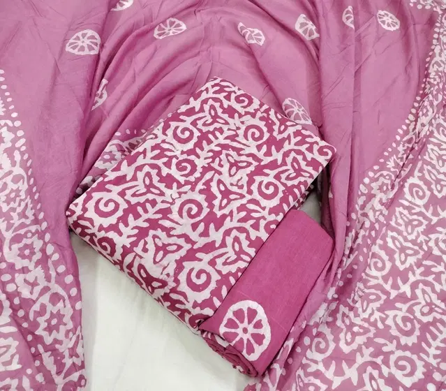 Cotton Batik Unstitched Suit Fabric with Dupatta for Women (Pink, 2.25 m)