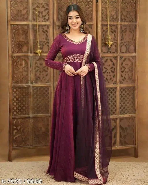 Embroidered Floral Dupatta Set for Women (Wine, S)