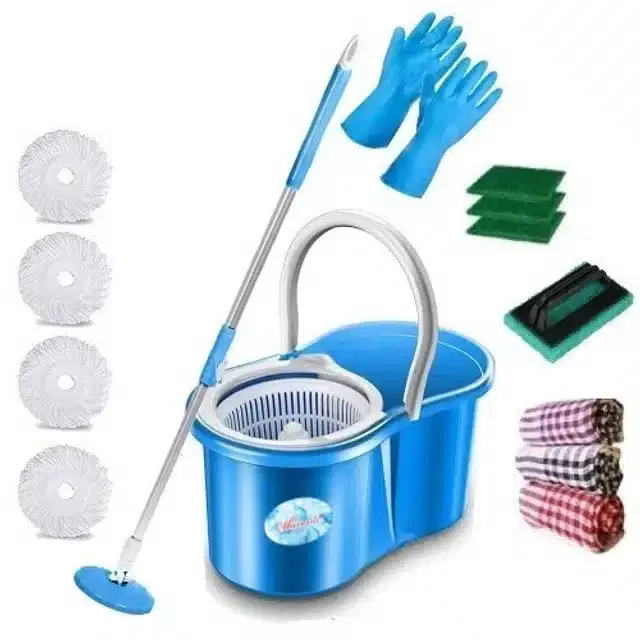 Dry Bucket Mop with 4 Refills & Cleaning Accessories Combo, Set of 5, Multicolor
