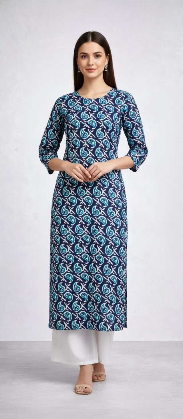 Cotton Blend Printed Kurti for Women, Blue (S)