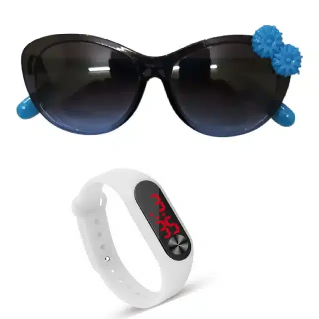 UV Protected Sunglass with Digital Watch for Boys & Girls, Set of 2 (Blue & White)