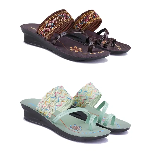 Sandals for Women, Pack of 2 (Brown & Mint Green, 7)