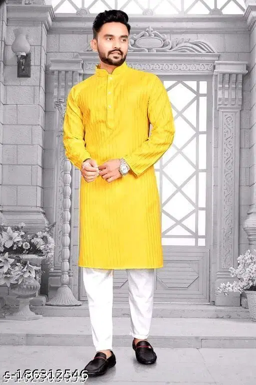 Mandarin Neck Kurta for Men (Yellow, S)