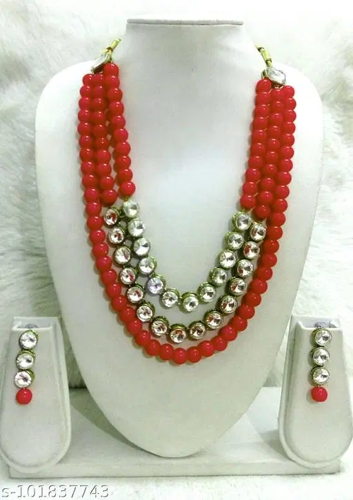Kundan And Pearl Necklace Set for Women, Red